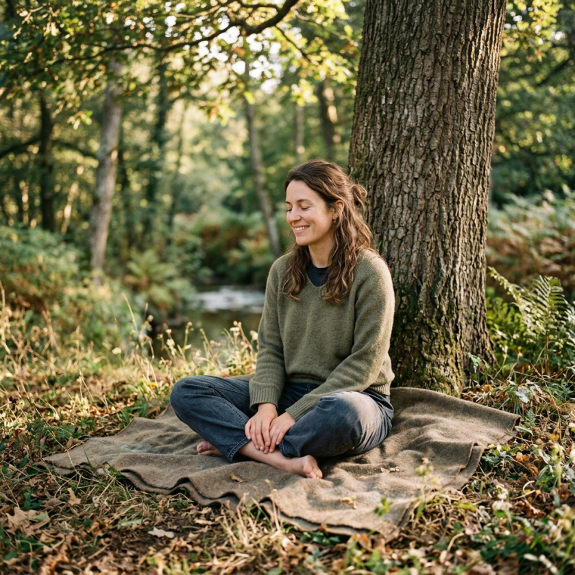 Woman sitting cross-legged on a blanket meditating by a tree in a forest