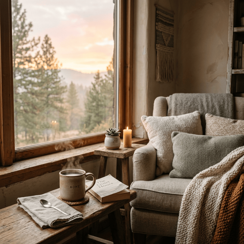 Cozy armchair by window with coffee mug labeled HOME, book, candle, and mountain view